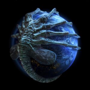 A facehugger wraps around a render of Earth