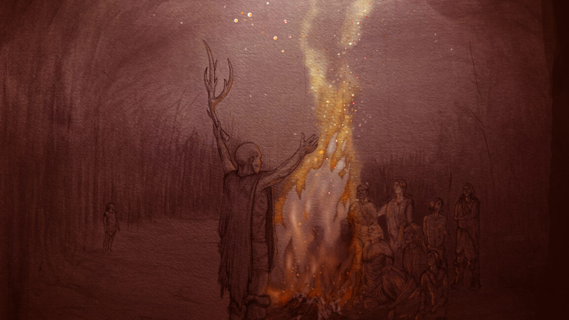 an artist's impression showing people gathered around a campfire, with one standing to address the others