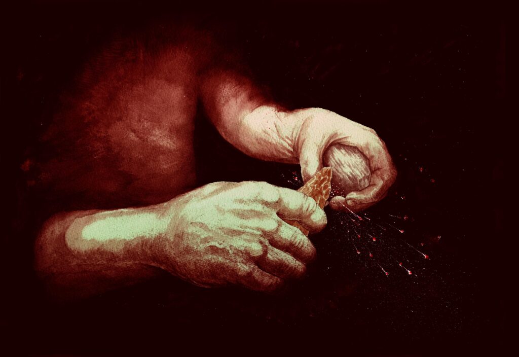 an artist's impression of a person's hands holding a piece of flint and a piece of pyrite, striking them together to make sparks