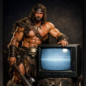 A GPT Image 1.5 generation created with the classic prompt, "a muscular barbarian with weapons beside a CRT television set, cinematic, 8K, studio lighting."