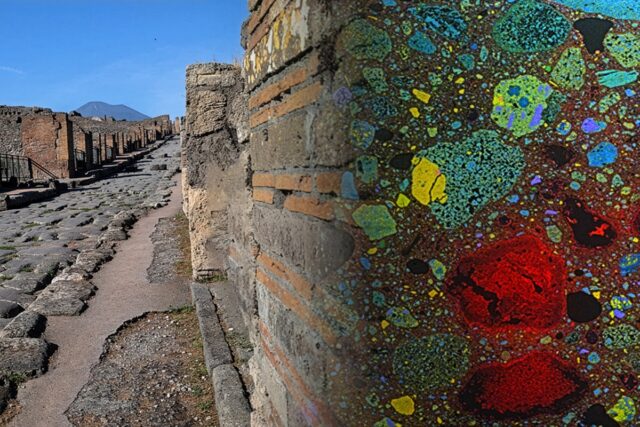 An ancient Pompeii wall at a newly excavated site, where Associate Professor Admir Masic applied compositional analysis (overlayed to right) to understand how ancient Romans made concrete that has endured for thousands of years.