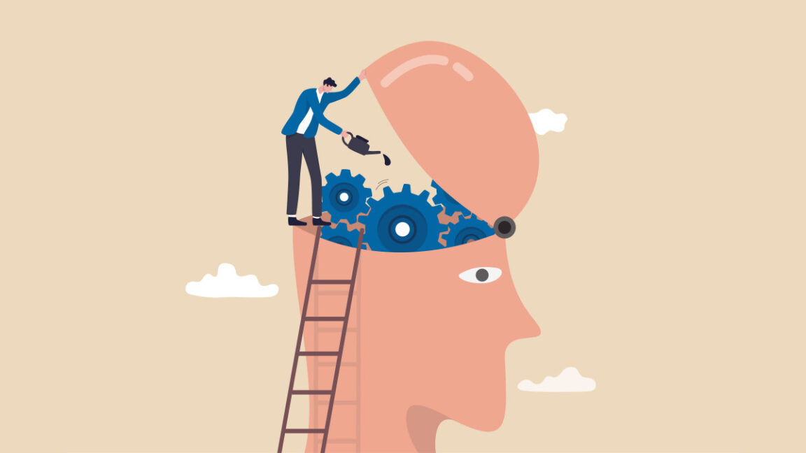 Illustration of a man opening up a head and oiling gears instead of a brain.