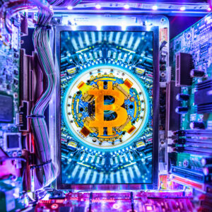 purple bitcoin symbol with data chips