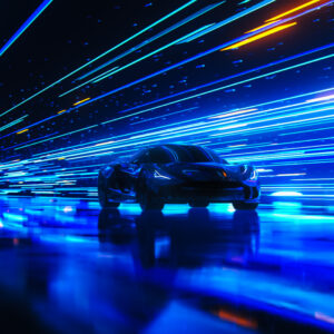 3D Car Model: Sports Car Driving at on a Wet Road on High Speed, Racing Through the Colorful Tunnel With Lights Reflecting Everywhere. Dark Supercar Driving Fast on Highway. VFX on Image.