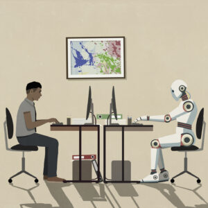 Man and humanoid robot working face to face at computers