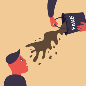 An illustration of someone pouring a bucket of slop on a person.