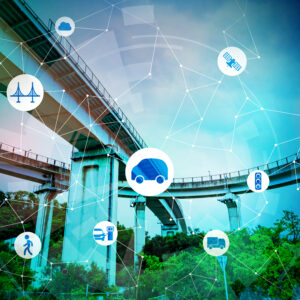 Smart mobility and communication network concept. Abstract mixed media.