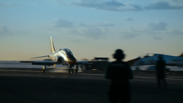 A jet catches the wire for an aircraft carrier landing