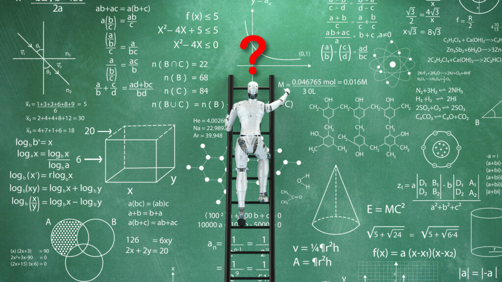 Illustration of a robot standing on a latter in front of a large chalkboard solving mathematical problems. A red question mark hovers over its head.