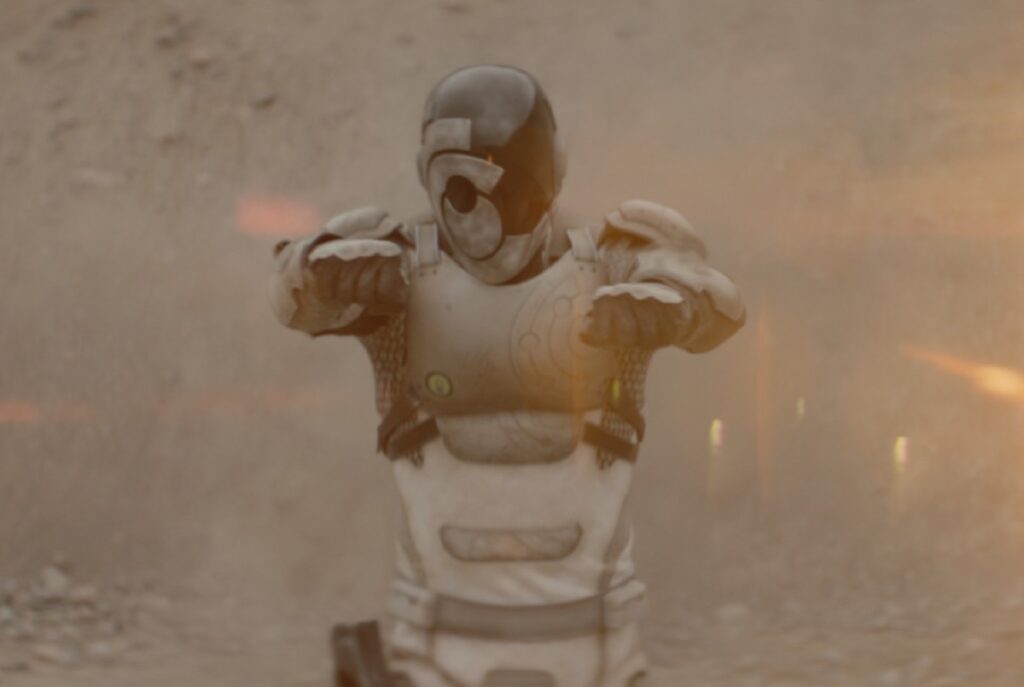 Murderbot with both hand weapons blazing