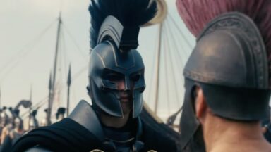 Ithacan king in full armor facing defeated foe on battlefield