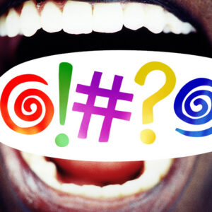 close up image of a wide open human mouth with diacritical symbols representing profanity plastered over it