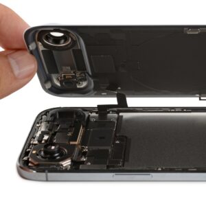 An iPhone display is removed to reveal a battery on the bottom and a logic board and camera on top