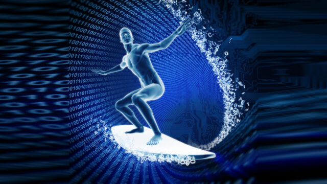 A digital illustration of a man surfing waves made out of binary numbers.