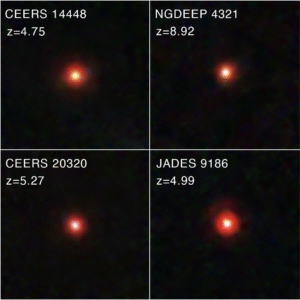 A multi-panel image, with each panel have a black background and a single, diffuse red speck in the center.
