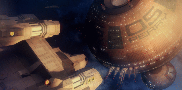 A starship approaches a space station